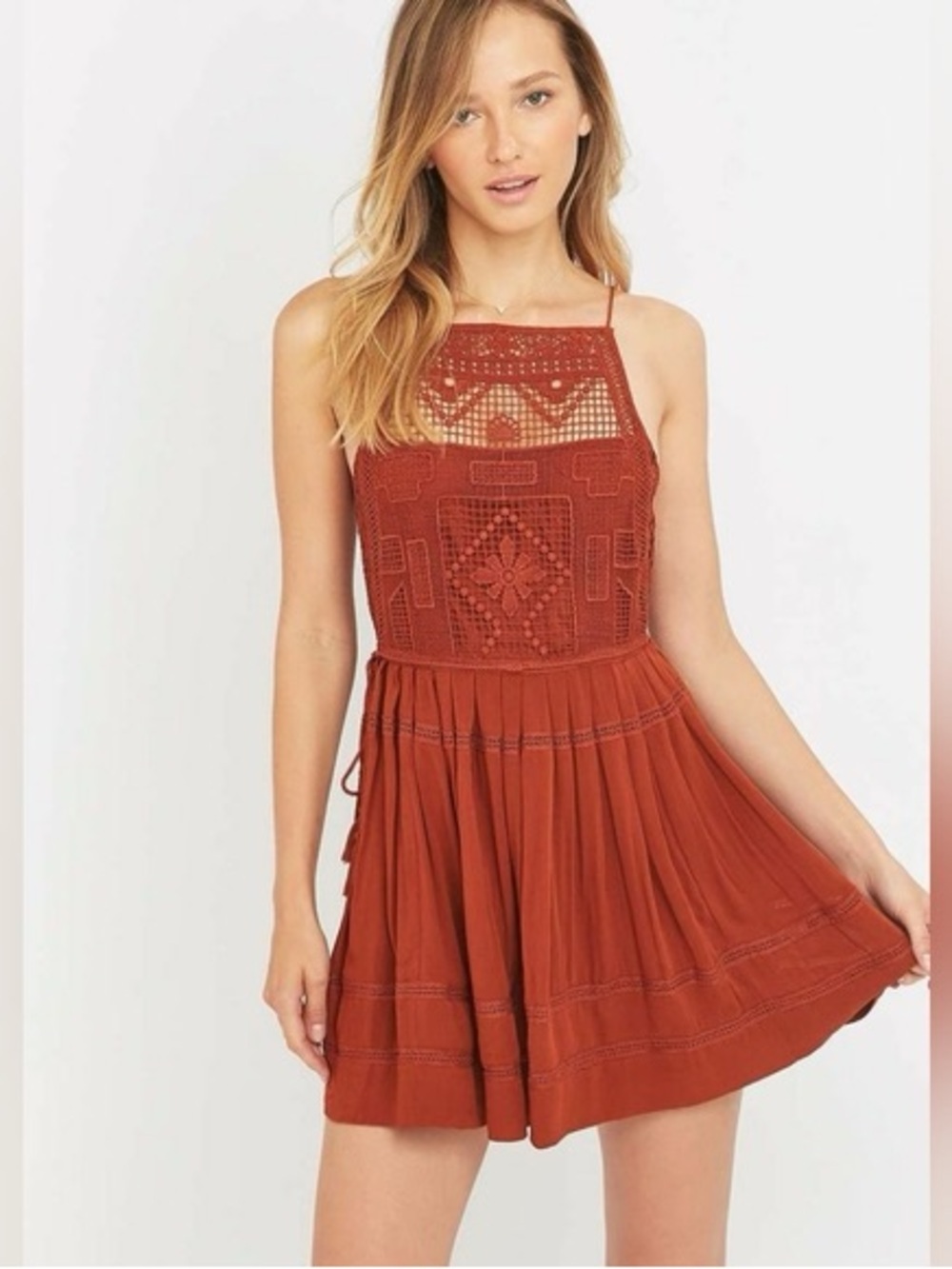 Free People Rust Crochet Halter Mini Dress Women’s Size XS Boho